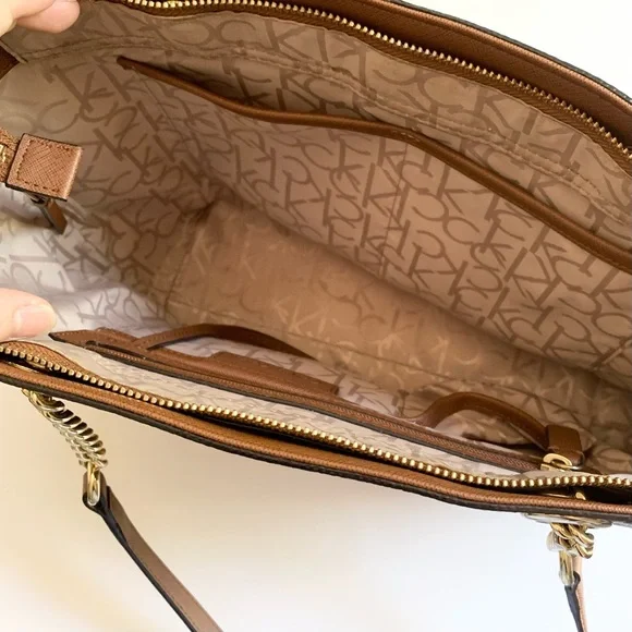 Calvin Klein Monogram Brown Floral Leather Chain Tote Bag - Picture 6 of 12